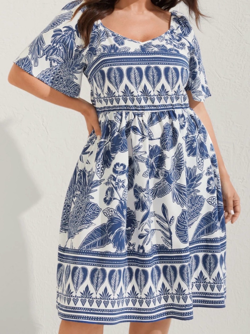 Blue & White Floral Short-Sleeve Midi Dress